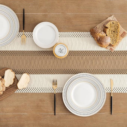 Macrame Style Bicolor Stitching Table Runner 14x108in Brown | Woven Boho Table - Image 4
