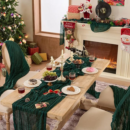 6 Pack Emerald Green Cheesecloth Table Runner Boho Christmas Decor | 120 Inch - Image 2