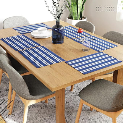 Encasa XO Dining Placemat Set of 6 | Franca Blue Stripes Color | Fine Ribbed Cotton Table mat | Size 19x13 in | Machine Washable
