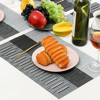 Leetaltree Grey with White Striped Placemats Set of 4 - Heat Resistant Non-Slip Place mats for Dining Table, Washable Durable PVC Vinyl Woven Table Mats（Grey Stripe, 4）