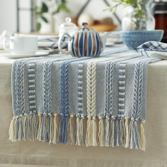 DII Farmhouse Braided Stripe Table Runner Collection, Stonewash Blue - Image 4