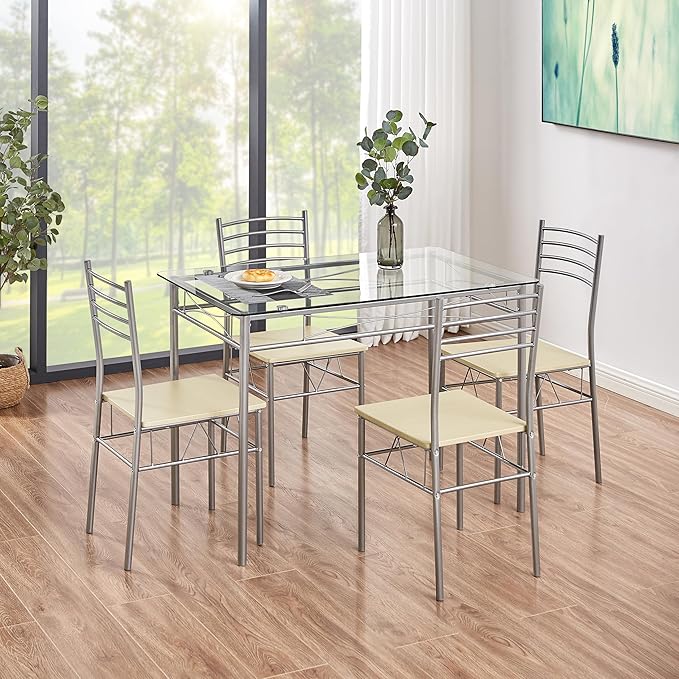 VECELO Dining Table Set for 4, 5-Piece Glass Kitchen Table with Chairs for Small Space, Breakfast Nook, Space-Saving, Silver