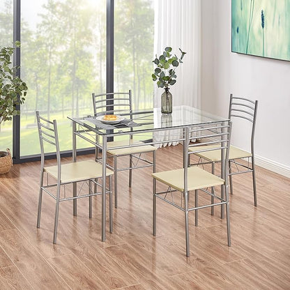 VECELO Dining Table Set for 4, 5-Piece Glass Kitchen Table with Chairs for Small Space, Breakfast Nook, Space-Saving, Silver