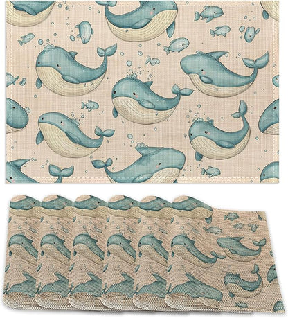 Placemats Set of 6,Cute Whale Table Mats,Sea Animal Washable Linen Table Mats,Non-Slip Heat Resistant Placemats for Party Kitchen Dining Indoor Outdoor 12"x18"