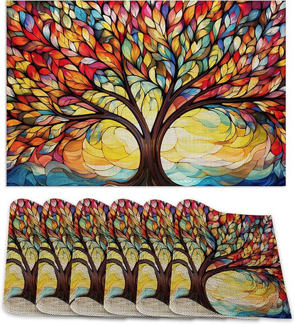 6 Pcs Placemats,Colorful Tree Placemat,Abstract Table Mats Washable Recyclable Table Placemats for Indoor Outdoor Heat Resistant Kitchen Dining 12"x18"