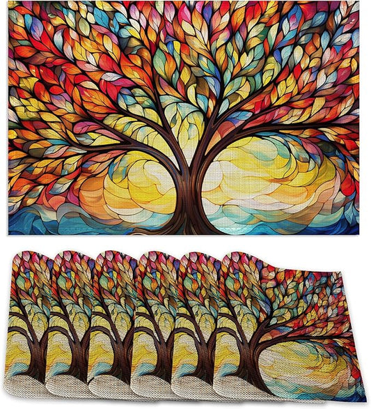 6 Pcs Placemats,Colorful Tree Placemat,Abstract Table Mats Washable Recyclable Table Placemats for Indoor Outdoor Heat Resistant Kitchen Dining 12"x18"