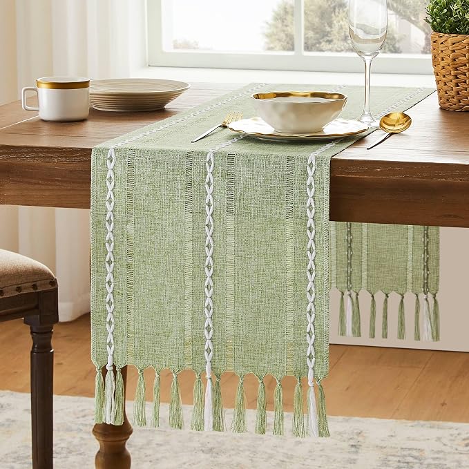 Hemstitched Farmhouse Table Runner, Sage Green 13x72 Inch, Cotton Linen Table by Unknown