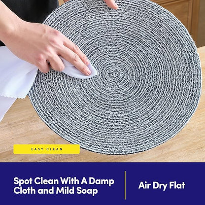 Round Placemats Set of 6-100% Cotton Two-Tone Placemat for Dining Table - Woven Braided Table Setting Place Mat - Washable Table Decor for Kitchen, Farmhouse, Rustic, Everyday Use, Navy