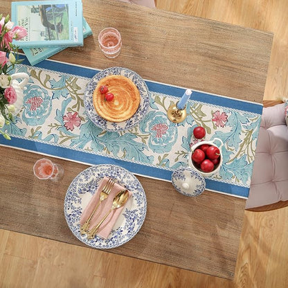 Patdrea Designer Vintage French Linen Table Runner, Elegant Blue Floral Pattern - Image 9