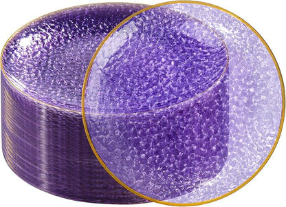 DaYammi 60 Pieces Purple Gold Plastic Plates - 10 inch Clear Dinner Plates - Hammer Pattern Design - Fancy Clear Purple and Gold Disposable Plates For All Occasions