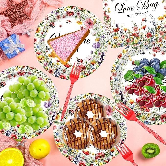96 Pcs Love Bug Baby Shower Decorations, Floral Tableware Set | Includes paper - Image 5