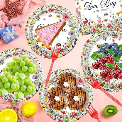 96 Pcs Love Bug Baby Shower Decorations, Floral Tableware Set | Includes paper - Image 5
