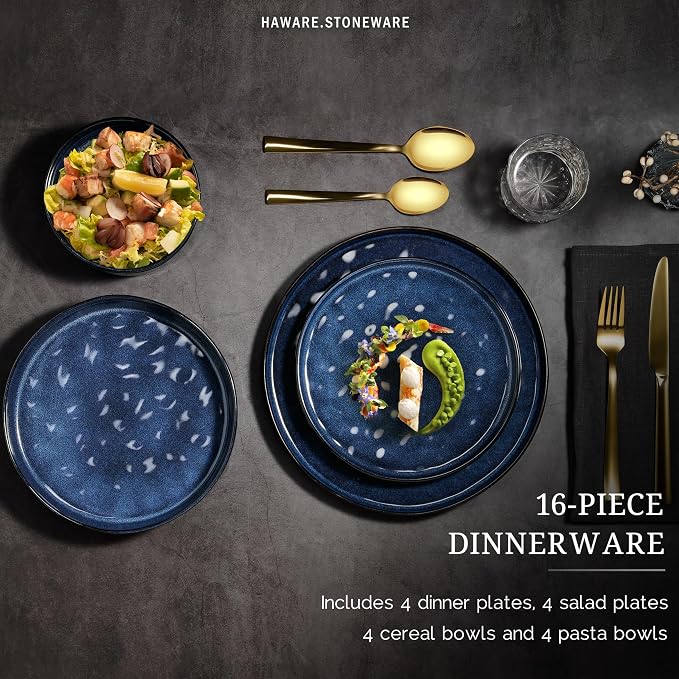 HaWare Dinnerware Sets, 16-Piece Plates and Bowls Set, Reactive Starry Blue | - Image 3