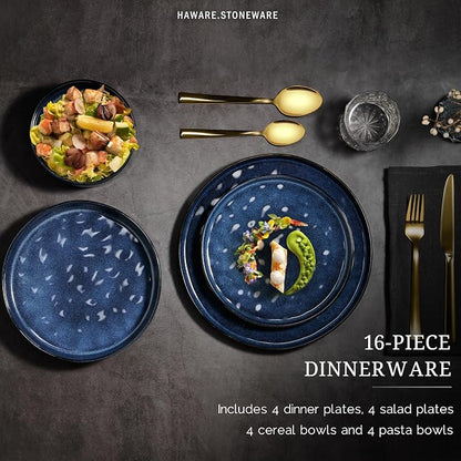 HaWare Dinnerware Sets, 16-Piece Plates and Bowls Set, Reactive Starry Blue | - Image 3