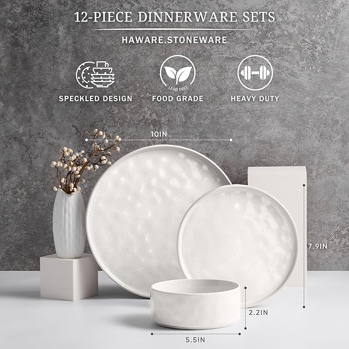 HaWare Dinnerware Sets, 12-Piece Plates and Bowls Set, Speckled White | - Image 2