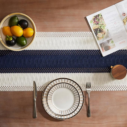 Macrame Style Bicolor Stitching Table Runner 14x90in Navy Blue | Woven Boho - Image 4