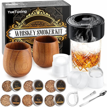 Upgrade Electric Whiskey Smoker Kit with 2 Wooden Bourbon Glasses, 6 Flavors Wood Chips, 2 Ice Ball Molds, Rechargeable Cocktail Smoker Kit Old Fashioned Drink Smoker Kit, Gifts for Men,Dad,Husband