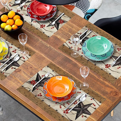 Western Placemats Set of 4 - Rustic Star Tablemats 12x18 Vintage Southwest Place Mats Set for Kitchen Dining Table