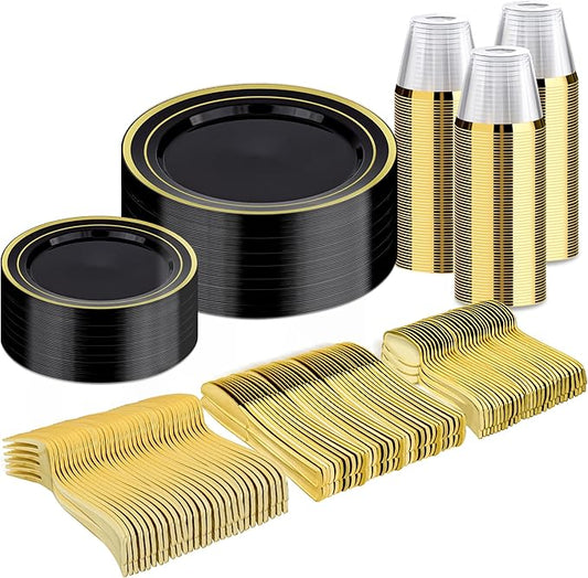 BESTVIP 300PCS Black Gold Dinnerware Set for 50 Guests, Plastic Plates for Halloween Party and Christmas, 50 Disposable Plates, 50 Dessert Plates, 50 Cups, 50 Spoons, 50 Forks and 50 Knives