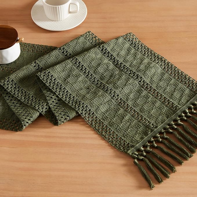 Macrame Style Boho Table Runner, 12x90 Inch Olive | Woven Boho Table Runner by ZEEMARTONLINE