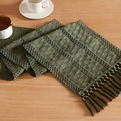 Macrame Style Boho Table Runner, 12x90 Inch Olive | Woven Boho Table Runner by ZEEMARTONLINE