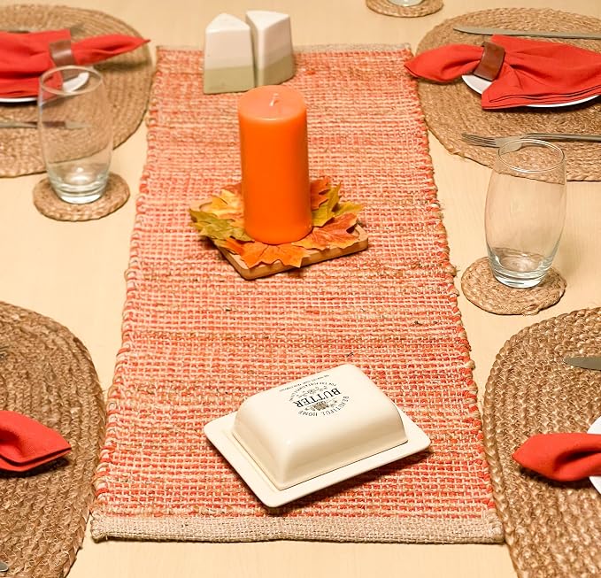 Natural Jute Table Runner, 13x48 Inch, Rust Orange | Vintage Boho Rustic Table by ChardinHome
