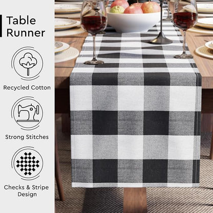 Encasa XO Table Runner, Woven Cotton Dining Runner 13"x72" Buffalo Black Checks - Image 3