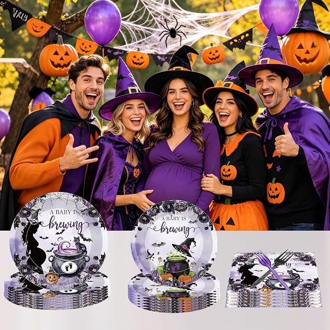 96 Pcs A Baby Is Brewing Halloween Baby Shower Decorations, Witch Brew Plates - Image 6