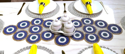 Beaded Table Runner 13x36 Inch Blue Gold Multi Evil Eye Handmade Decorative - Image 8