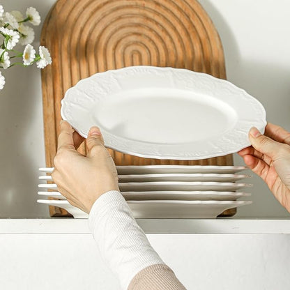 Neaylfe Ceramic Dinner Plates Set of 6, 10 inch Oval Embossed White Plates for Salad, Dessert, Appetizer, Steak, Large Flat Serving Plates for Kitchen, Restaurant, Parties