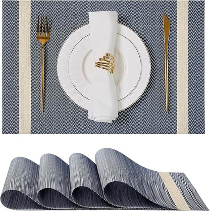 Leetaltree Luxury Dark Blue Placemats with Gold Stripes Placemats Set of 4 - Waterproof Washable for Wedding, Anniversary, Daily Use - Sparkling Table Decor - Hand-Cut