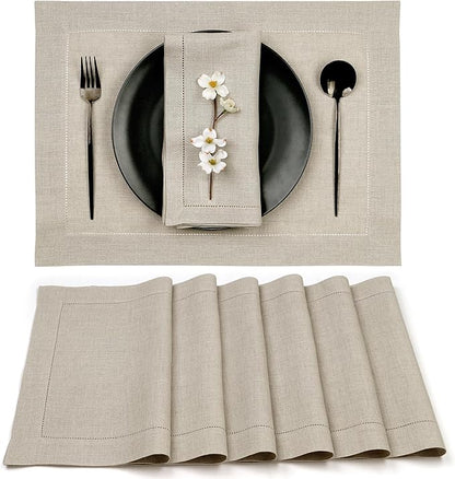 D'Moksha Homes Linen Placemats Set of 6 - Classic Hemstitch Natural Placemats 14 x 19 Inch - 100% Pure Linen Table Mats for Valentines, Spring, Easter - Handcrafted and Machine Washable