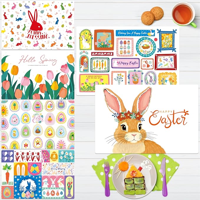 6 Pack Easter Placemats, Non-Slip Washable, Reusable Placemat by SpriteGru