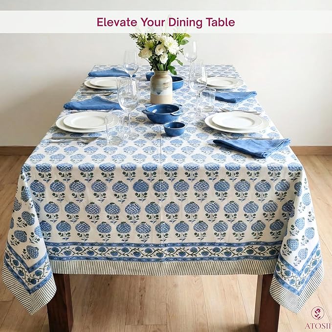 ATOSII Roma Blue 100% Cotton Boho Rectangle Fall Tablecloth, Handblock Floral Print Table Linen for Kitchen Dining I Parties, Outdoors, Weddings, Christmas, Thanksgiving I 72 X 120 Inches I 10 Seater