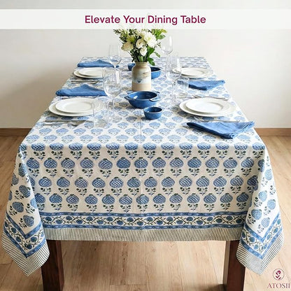 ATOSII Roma Blue 100% Cotton Boho Rectangle Fall Tablecloth, Handblock Floral Print Table Linen for Kitchen Dining I Parties, Outdoors, Weddings, Christmas, Thanksgiving I 72 X 120 Inches I 10 Seater