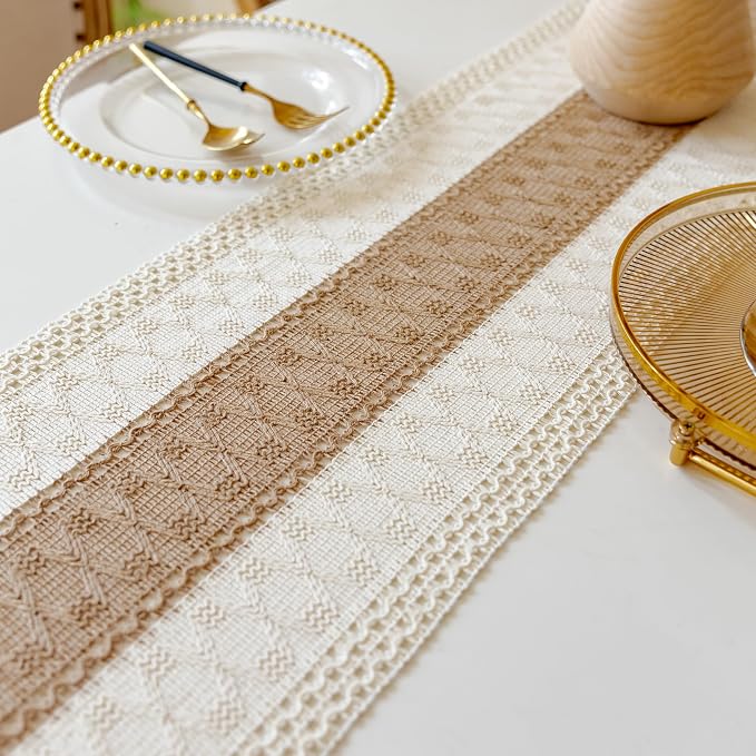 EMMTEEY Boho Table Runner with Tassels 94 Inches Long, Cream Brown | Handmade - Image 7