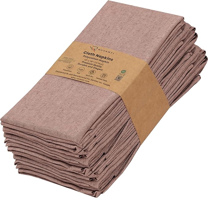 Ruvanti Cloth Napkins Set of 12, 18x18 Reusable, Cloth Washable, Soft & Durable Table Napkins, Polycotton Dinner Napkins for Parties, Christmas, Thanksgiving, Weddings -Rust Dark