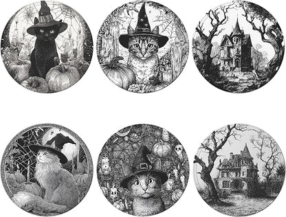 Halloween Cat Coasters Leather Round Drink Coasters 6 Pcs Set with Holderor for Cup Drink Coffee Table Bar Home Decor