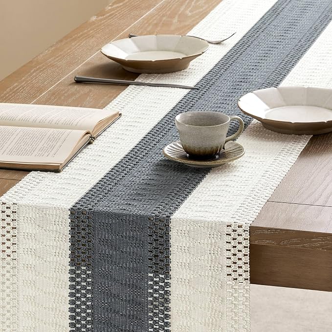 Macrame Style Bicolor Stitching Table Runner 14x36in Charcoal | Woven Boho - Image 4