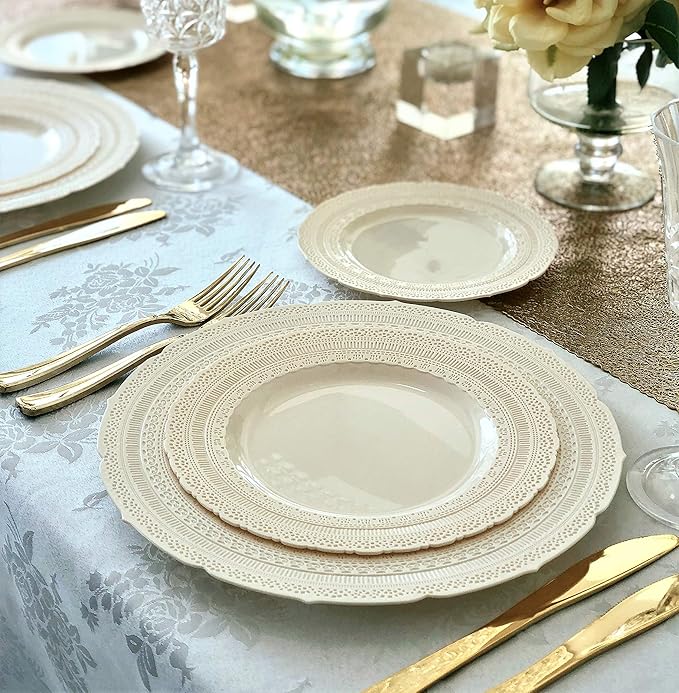 " OCCASIONS " 120 Plates Pack,(60 Guests) Extra Heavyweight Vintage Wedding Disposable/Reusable Plastic Plates 60 x 11'' Dinner + 60 x 8.25'' Salad/Dessert Plate (Chateau Ivory)
