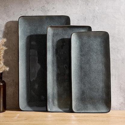 Famiware Serving Platter, Rectangular 15.67/14.1/12.6inch Serving Dishes for Entertaining, Dishwasher Safe, Stoneware Serving Trays for Party, Food, Turkey, Snack, Cheese, Reactive Glaze, Deep Forest