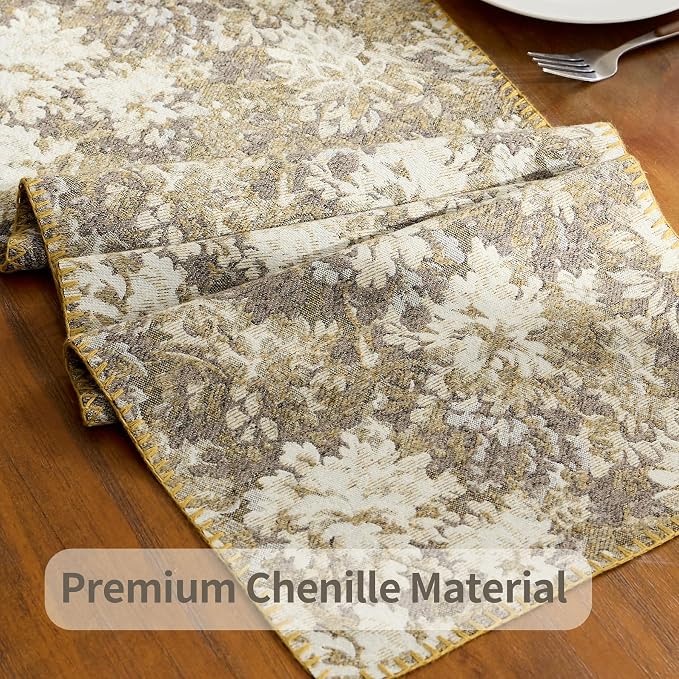 ORTIGIA Vintage Floral Table Runner, Boho Chenille Beige Farmhouse Rustic Runner - Image 6