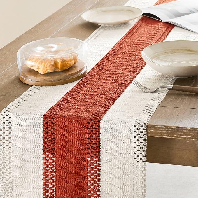 Macrame Style Bicolor Stitching Table Runner 14x36in Orange | Woven Boho Table - Image 4