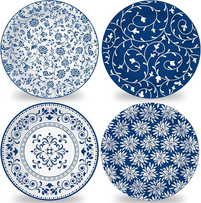 4 Set 10 Inch Blue White Porcelain Dinner Plates Melamine Blue White Floral by Afniimyapt