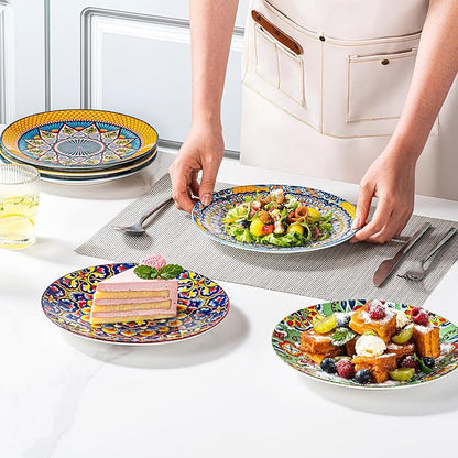 HENXFEN LEAD Ceramic Dessert, Salad Plates 8.5 Inch, Small Dinner Plate Set of 6- Serving Dishes for Thanksgiving & Christmas, Dishwasher & Microwave Safe - Bohemian Style