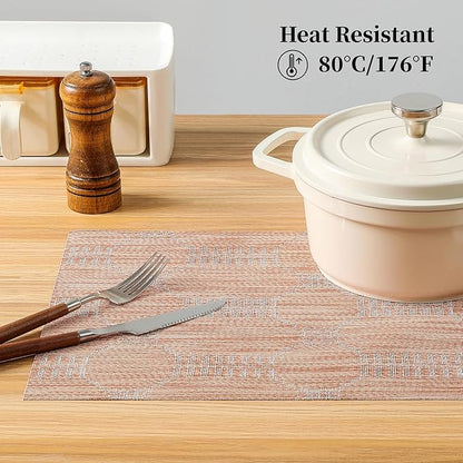 Leetaltree Coral Placemats Set of 6 - Heat Resistant Non-Slip Place mats for Dining Table, Washable Durable PVC Vinyl Woven Table Mats（Coral, 6）