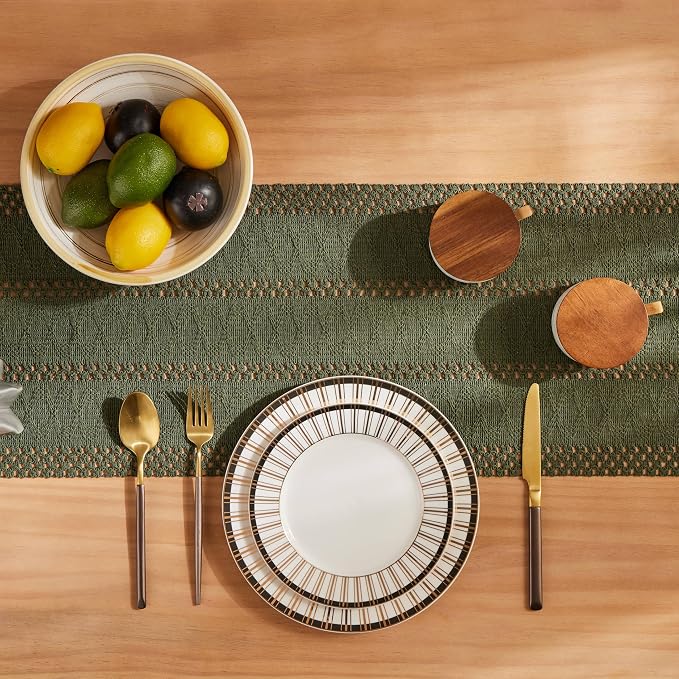 Macrame Style Boho Table Runner, 12x48 Inch Olive | Woven Boho Table Runner - Image 4