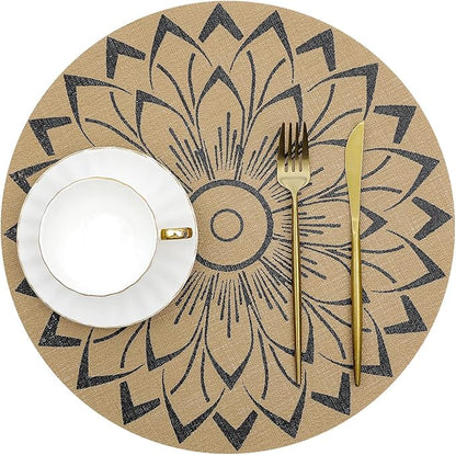 SHACOS 15 inch Round Vinly Placemats Set of 6 Boho Flower Print Place Mats Wipeable Non Slip Stain Heat Resistant Woven Table Mats Indoor Outdoor (6, Round Flower Black)
