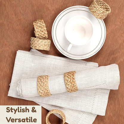 CLEENTABLE Jute Napkin Ring, Nautical Woven Napkin Rings Set of 12 - Handcrafted Cane Table Decor, 1.5" Diameter Coastal Napkin Holders for Weddings, Parties & Everyday Dining (Natural)