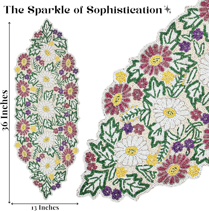 Spring Floral Beaded Table Runner, 13x36 | Glass beads, polyester backing - Image 4